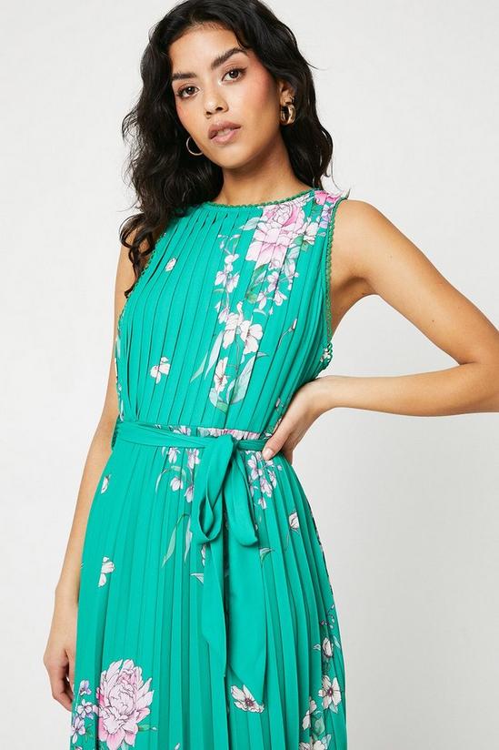 Oasis Petite Green Floral Pleated Belted Midi Dress 2