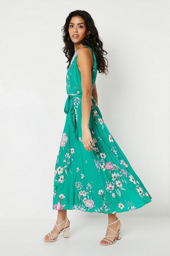 Oasis Petite Green Floral Pleated Belted Midi Dress 4