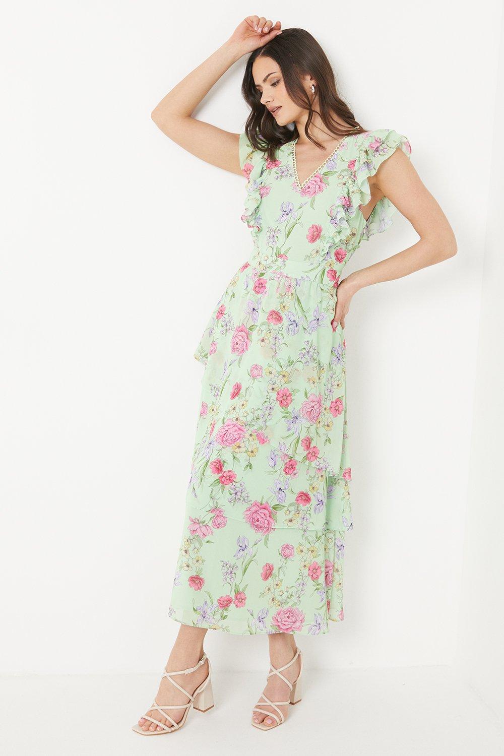 Dresses | Sage Floral Asymmetric Chiffon Ruffle Midi Dress | Oasis