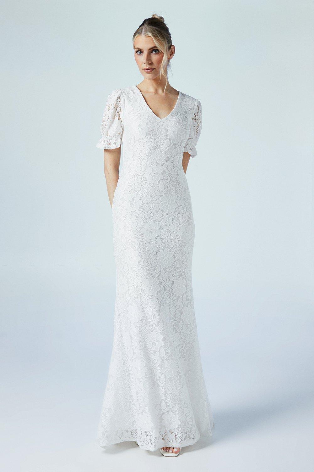 V Neck Puff Sleeve Stretch Lace Wedding Dress - Discount £34