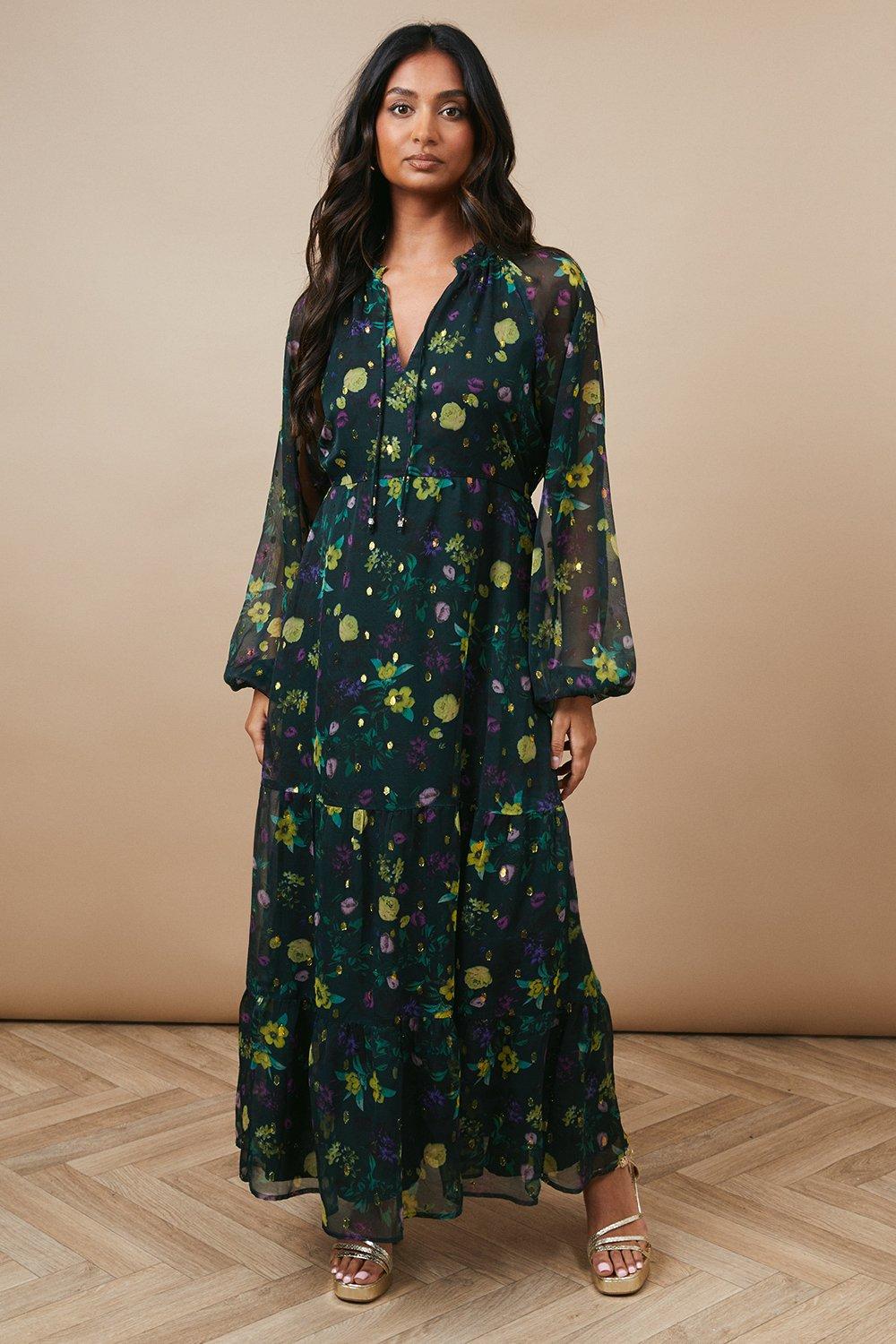 Occasion Floral Metallic Spot Tiered Midaxi Dress