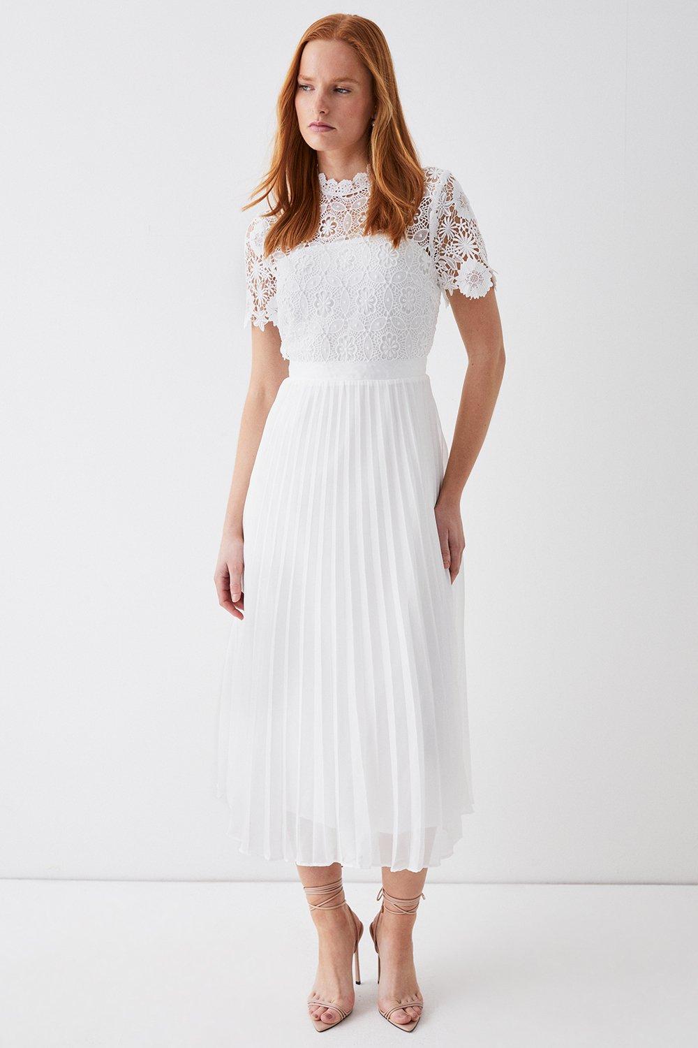 Crochet detail clearance pleated dress white