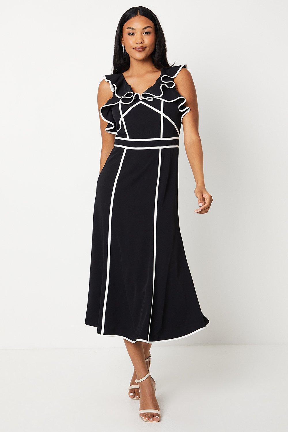 Dresses | Frill Shoulder Detail Crepe Midi Dress With Tipping | Coast