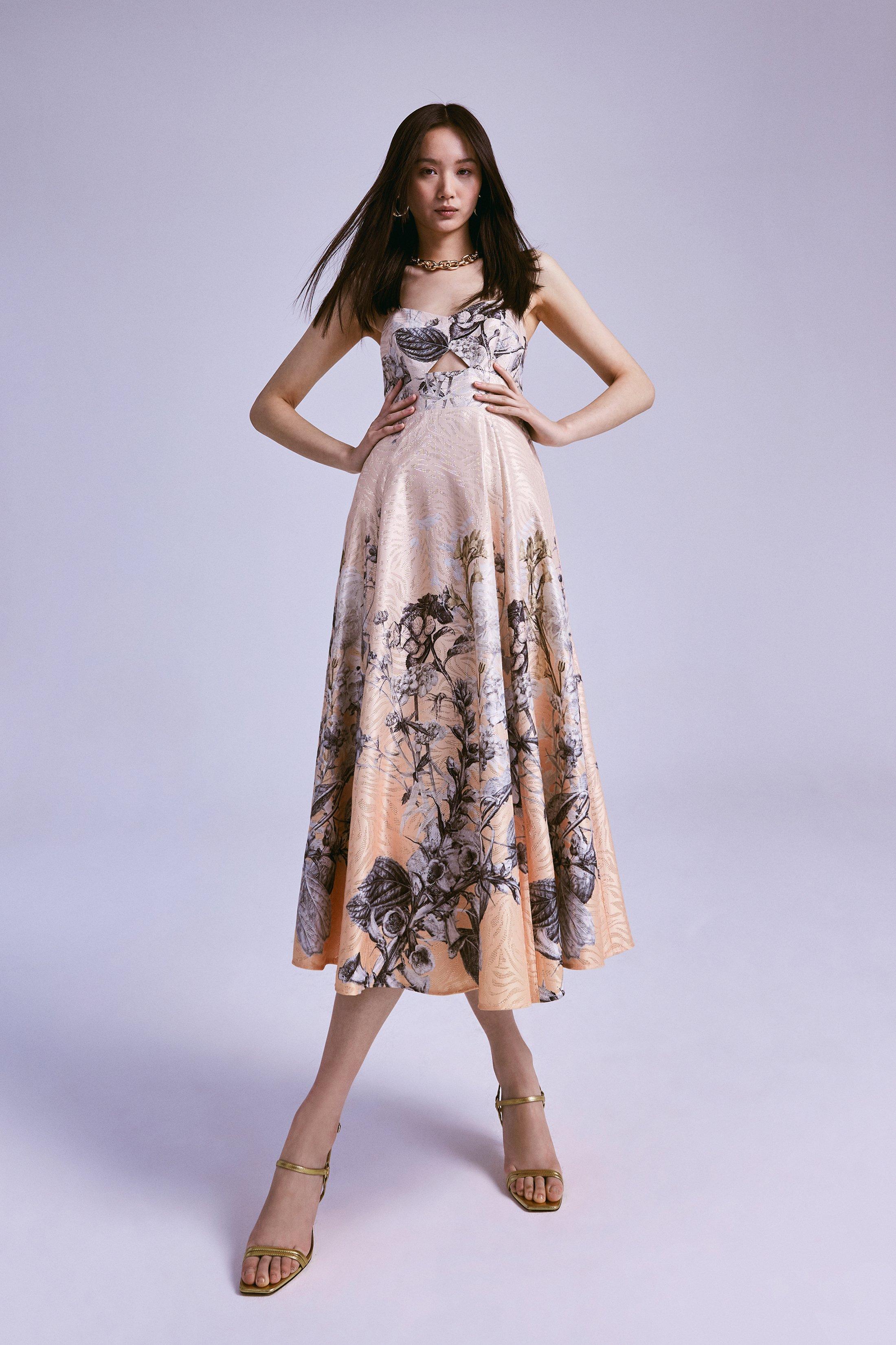 Dresses Hydrangea Bloom Print Metallic Jacquard Maxi Prom Dress