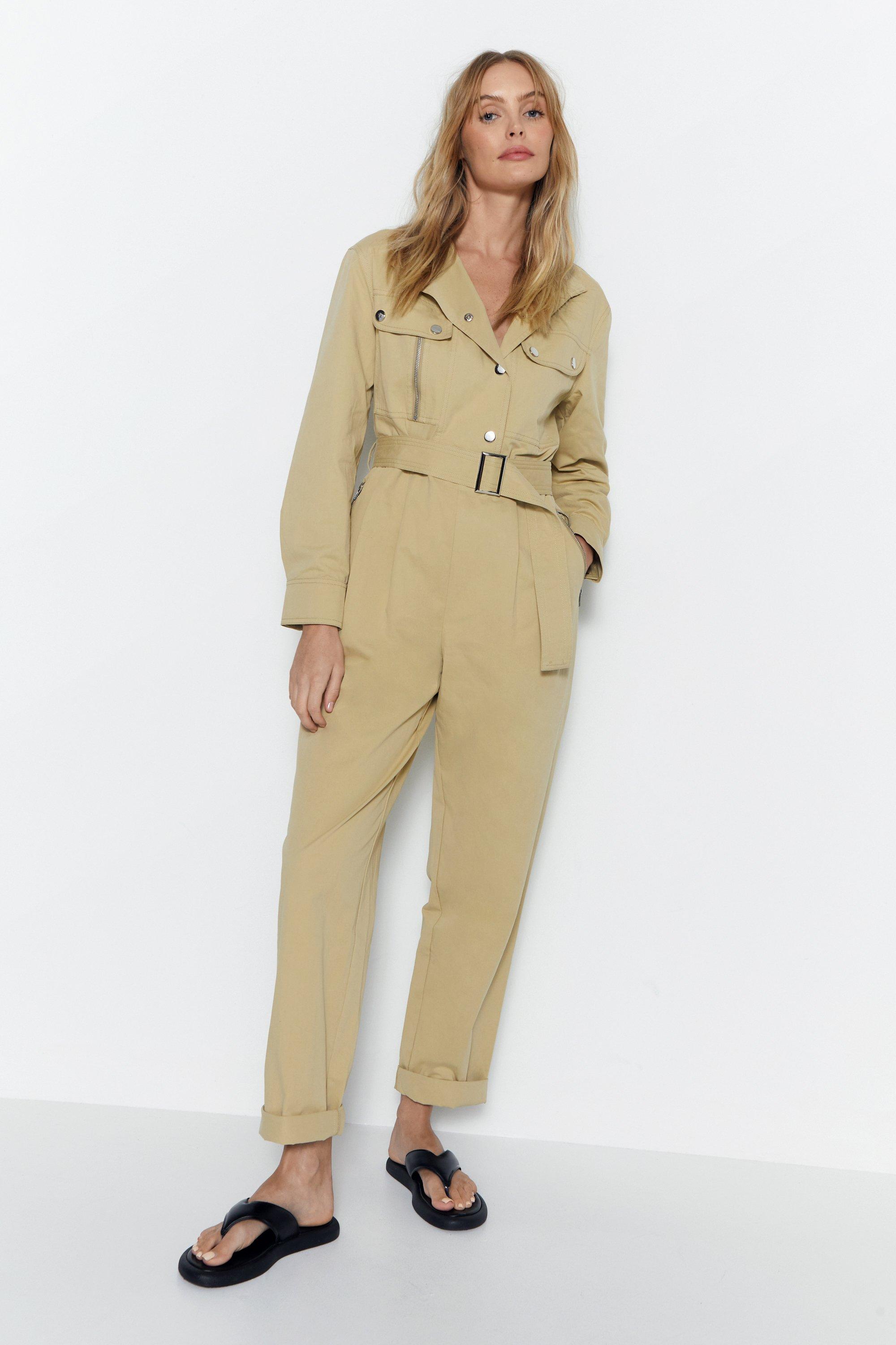 Jumpsuits, Petite Twill High Neck Belted Utility Boilersuit