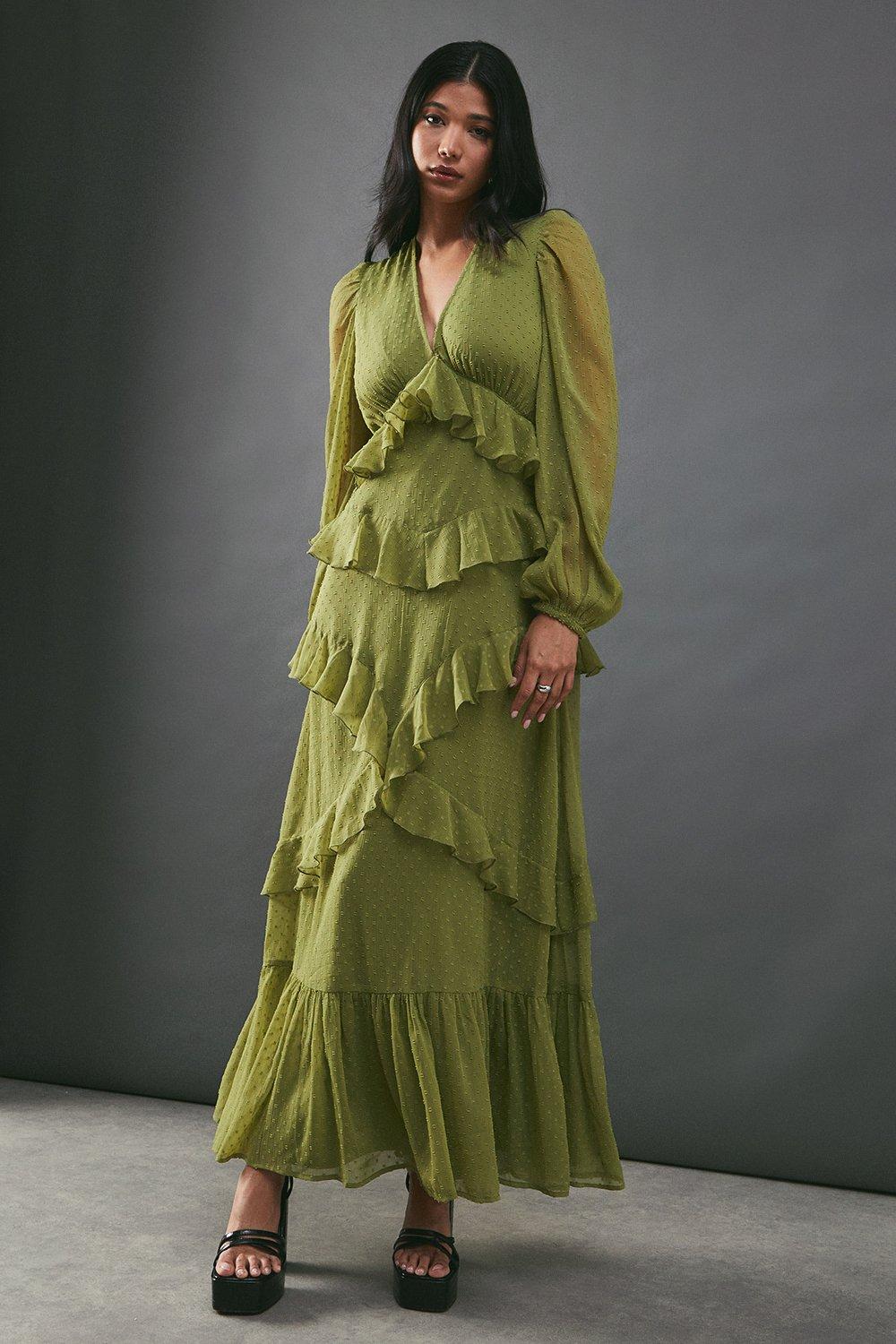 Dresses | Chiffon Plunge Neck Ruffle Detail Volume Sleeve Maxi Dress ...