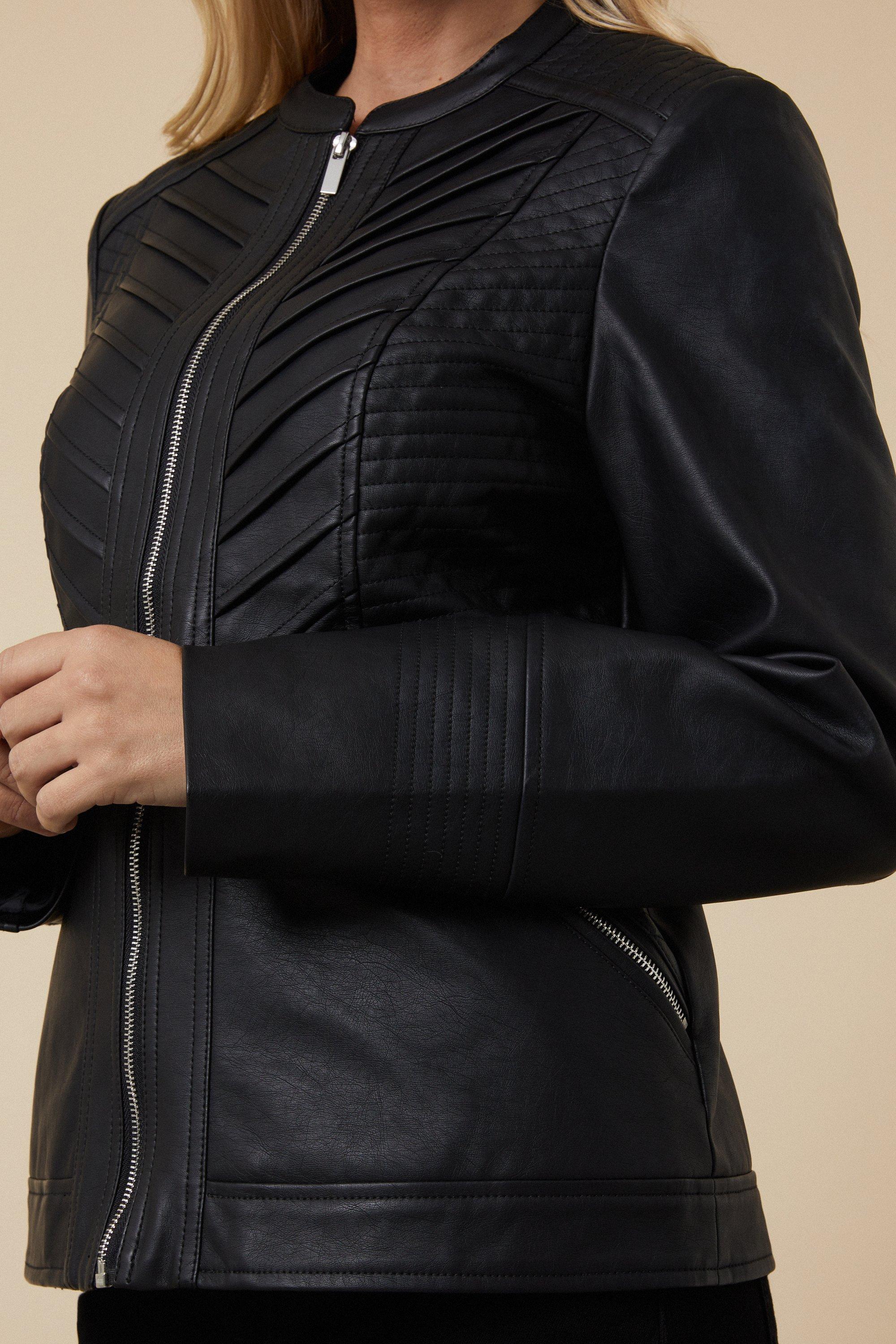 Petite Black Faux Leather Collarless Zip Jacket