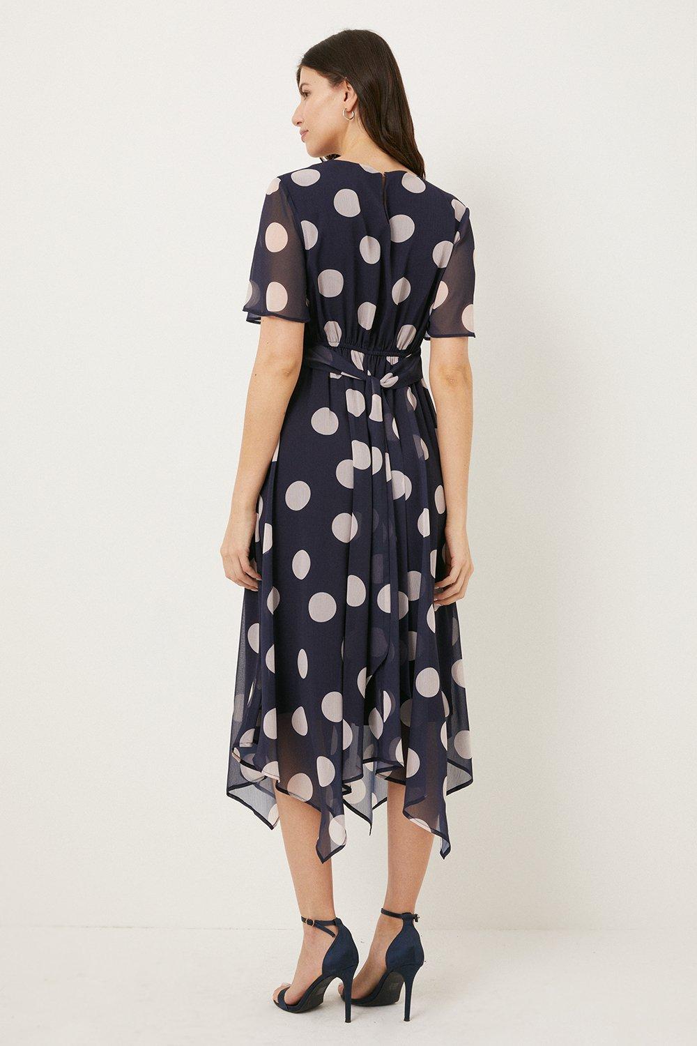 Navy Spot Chiffon Twist Front Midi Dress