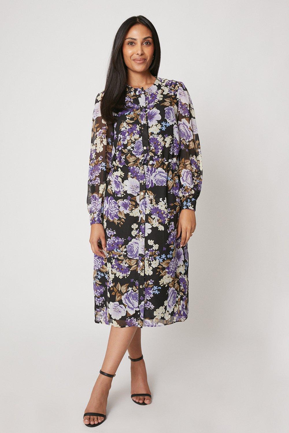 Dresses | Petite Purple Floral Button Through Shirt Dress | Wallis