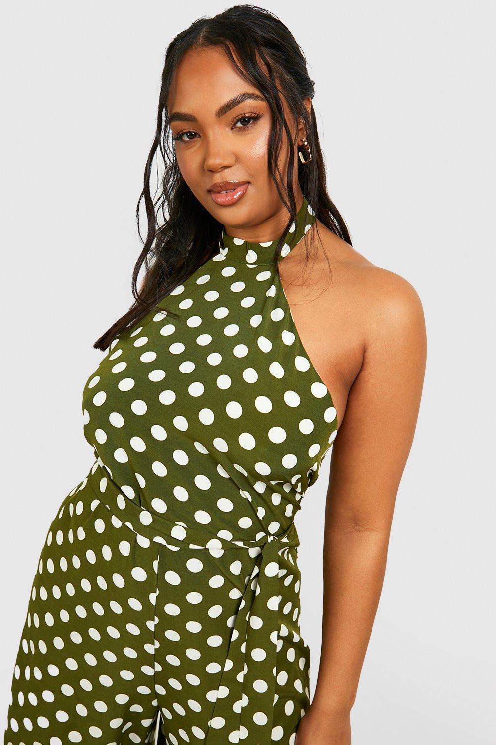 Jumpsuits Plus Woven Polka Dot Halter Neck Jumpsuit boohoo