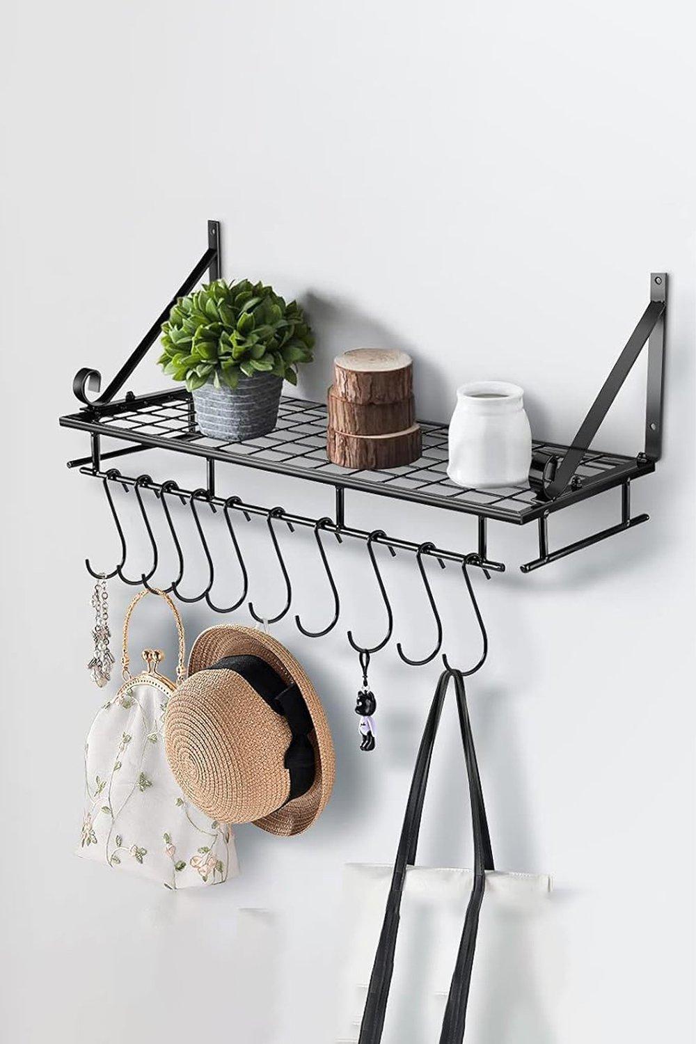 Black Wall Shelf w/ Hooks