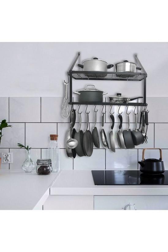 Kitchen Wall Mounted 2 Tiers Pot Pan Rack with 10 Hooks