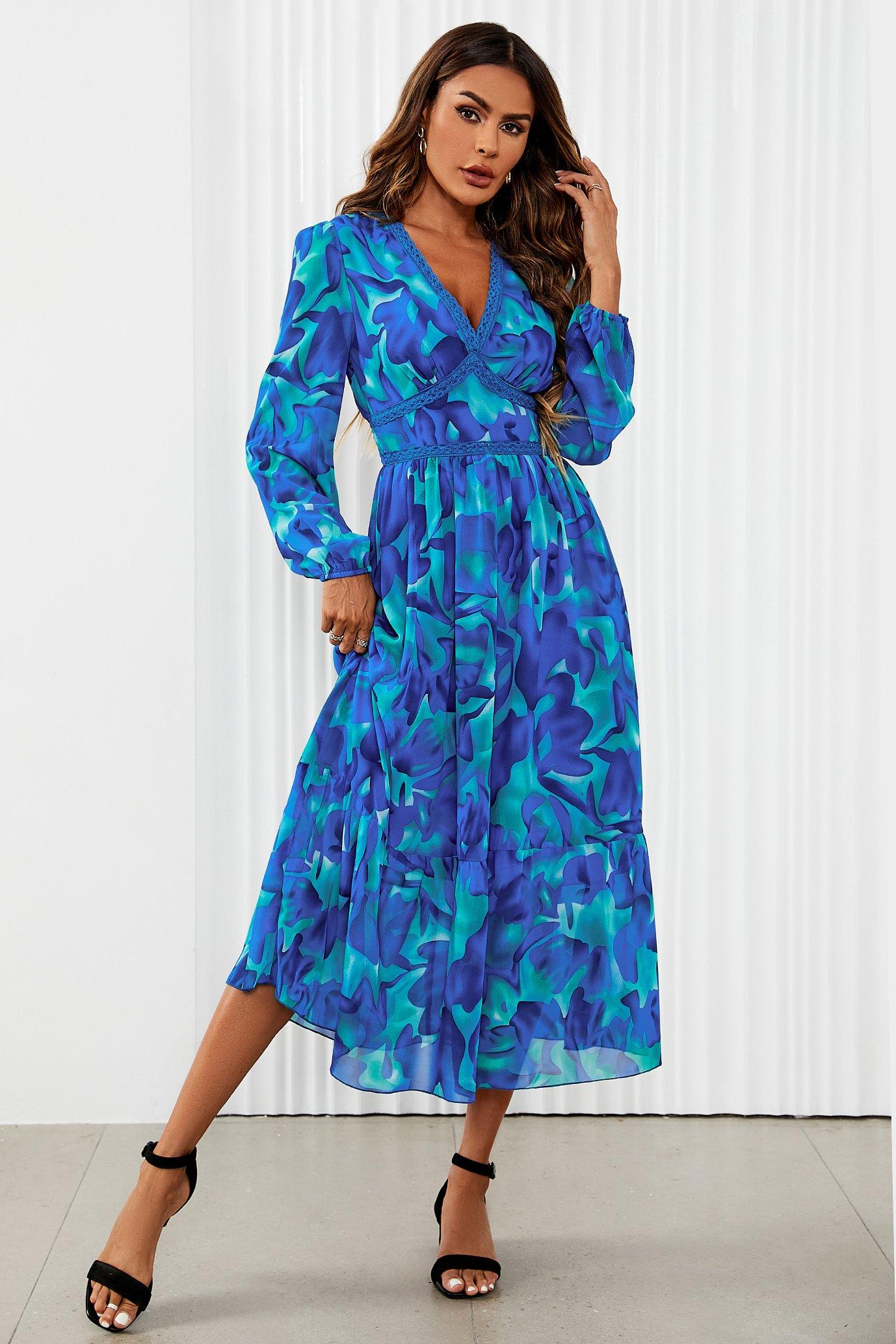 Blue floral clearance dress long sleeve