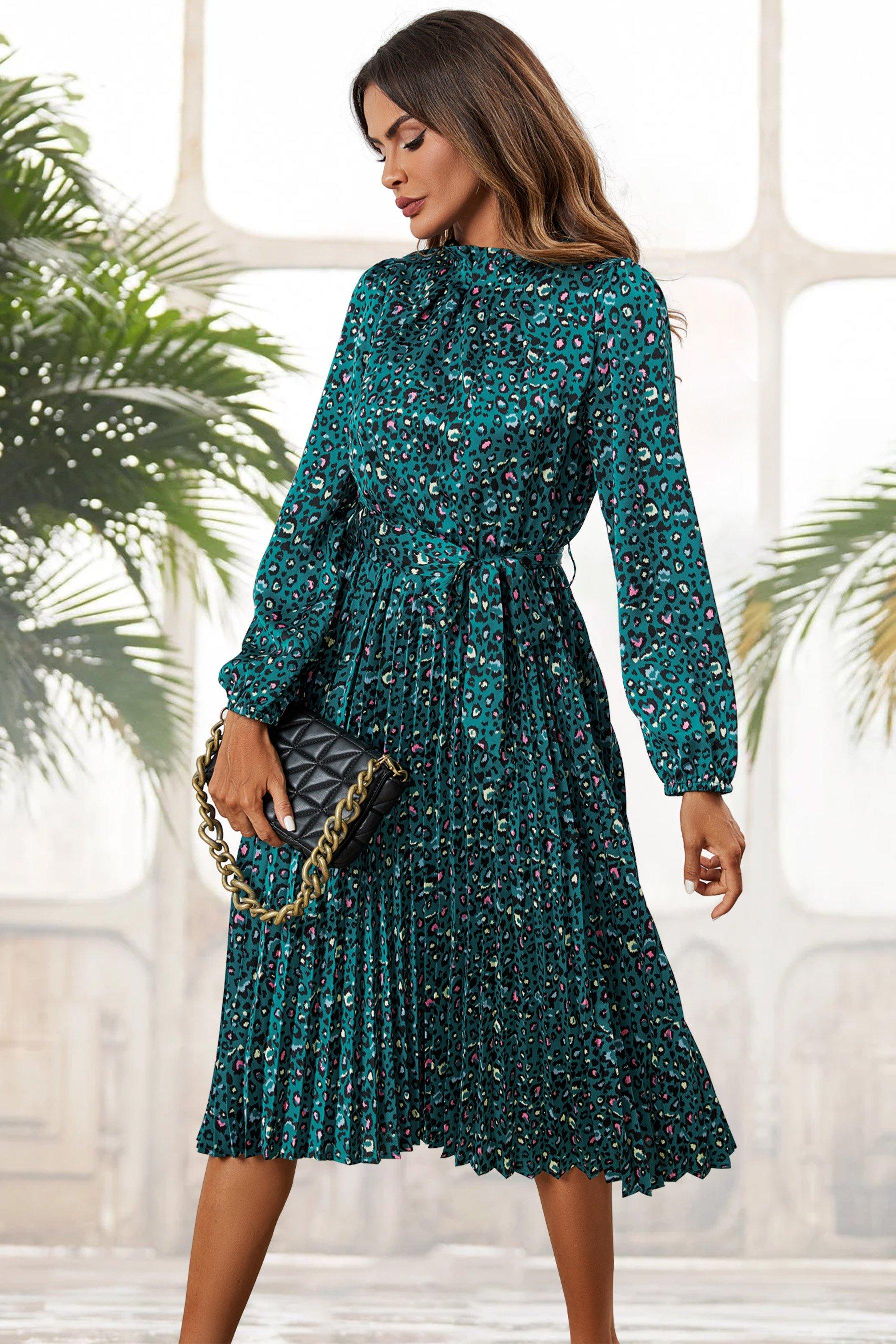 Dresses | Leopard Print High Neck Long Sleeve Midi Dress In Blue | FS Collection