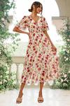 FS Collection Red Floral Print Angel Sleeve Midi Dress In White thumbnail 1