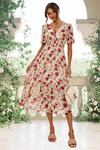 FS Collection Red Floral Print Angel Sleeve Midi Dress In White thumbnail 2