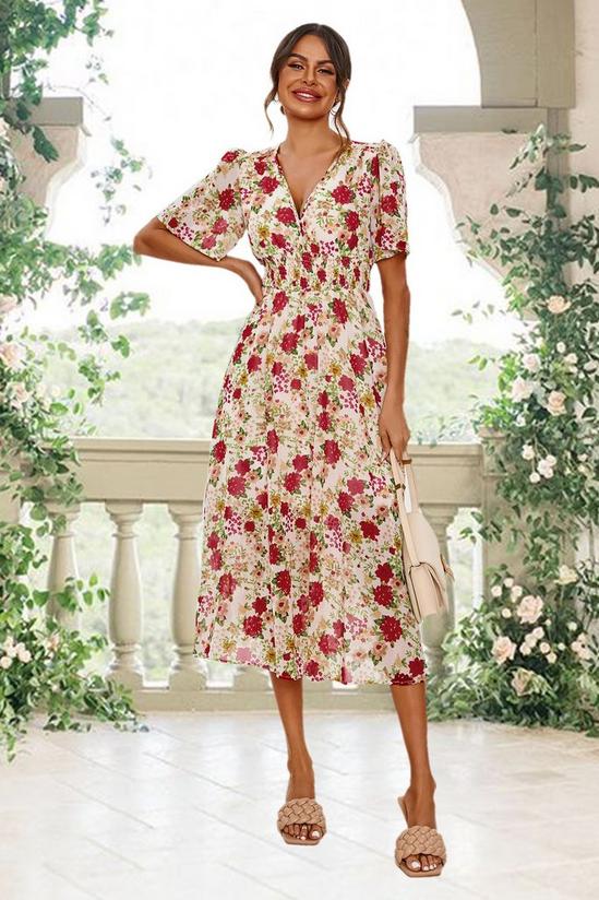 FS Collection Red Floral Print Angel Sleeve Midi Dress In White 3
