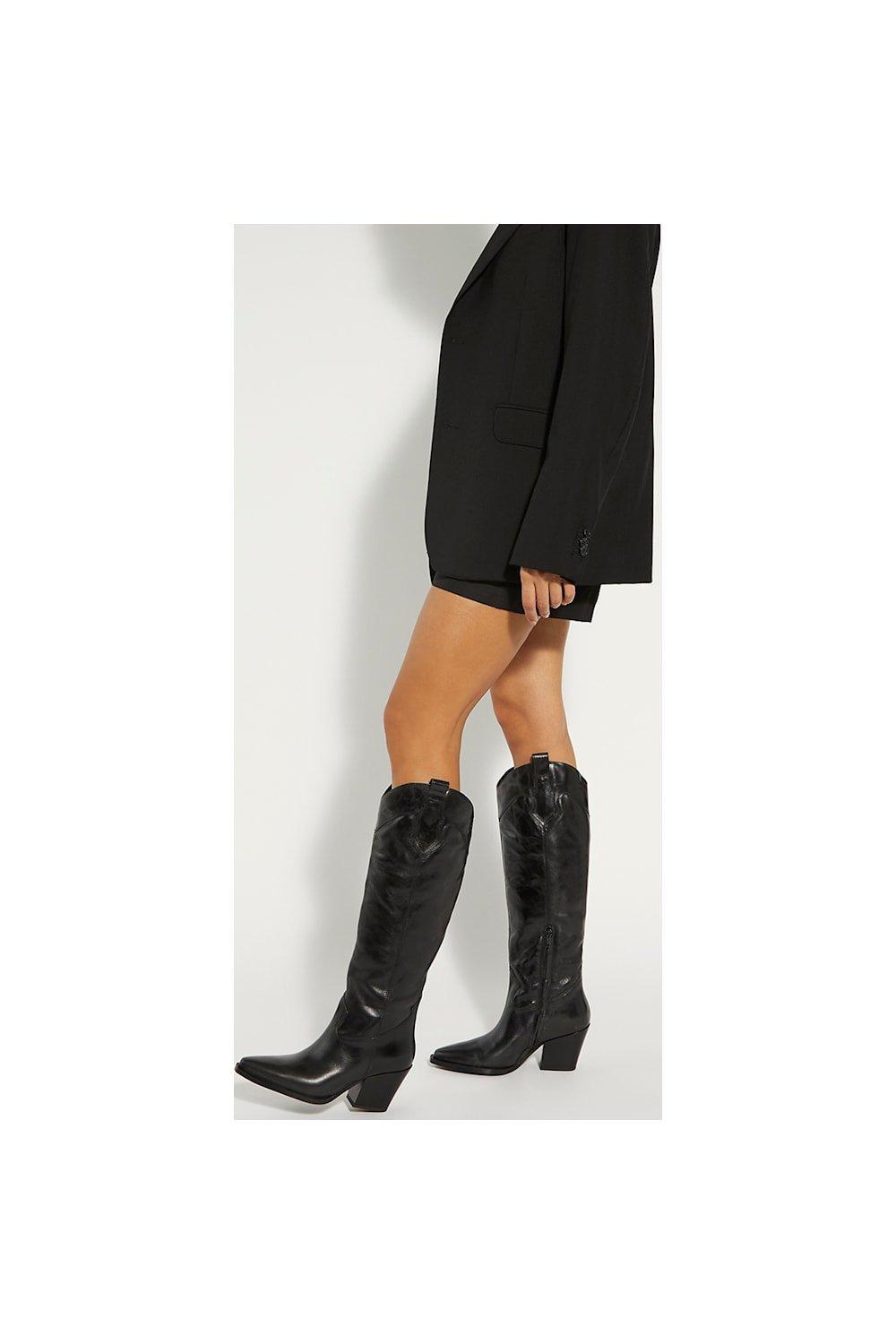 Zara - Knee High Mixed Suede Cowboy Boots - Black - Women