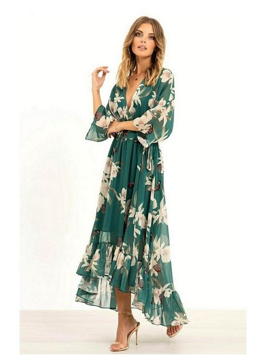 Yumi Green Floral Kimono Sleeves Dip Hem Wrap Midi Dress 1
