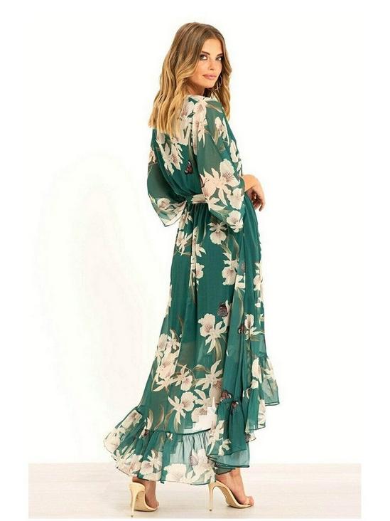 Yumi Green Floral Kimono Sleeves Dip Hem Wrap Midi Dress 2