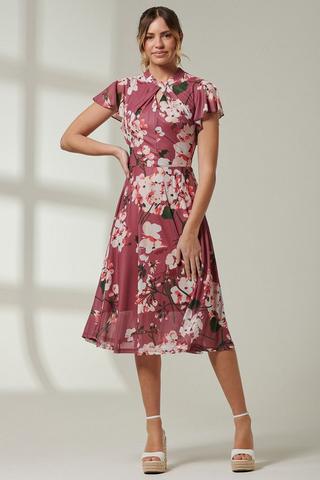 Jolie Moi Bellona Fit & Flare Floral Mesh Knee Length Dress, Coral Pink, 8