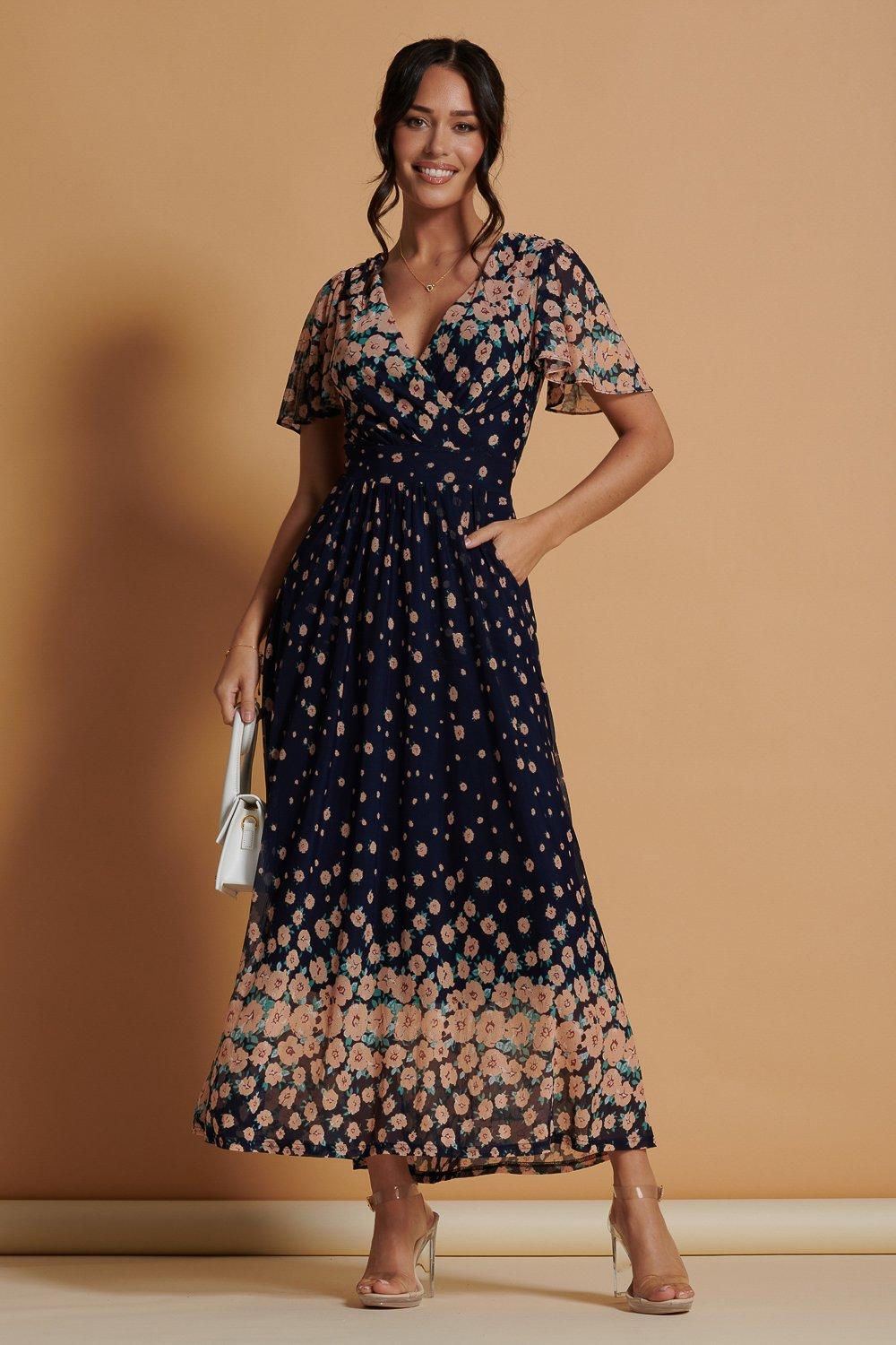 ANGELEYE Navy Long Mesh Sleeve Maxi Dress