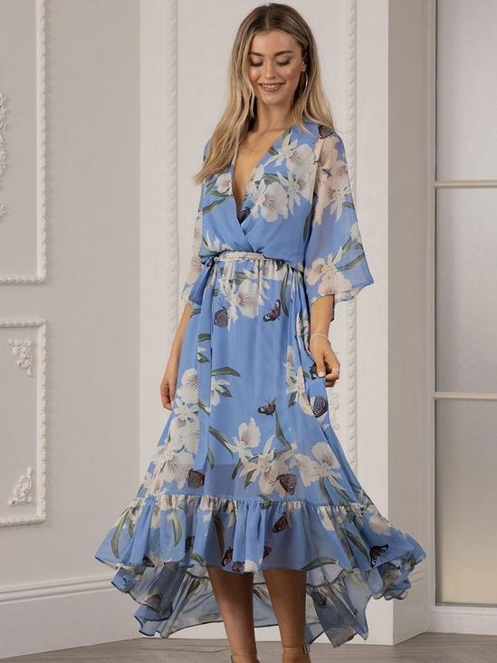 Dresses | Yumi Urban Light Blue Floral Print Kimono Midi Wrap Dress | Yumi