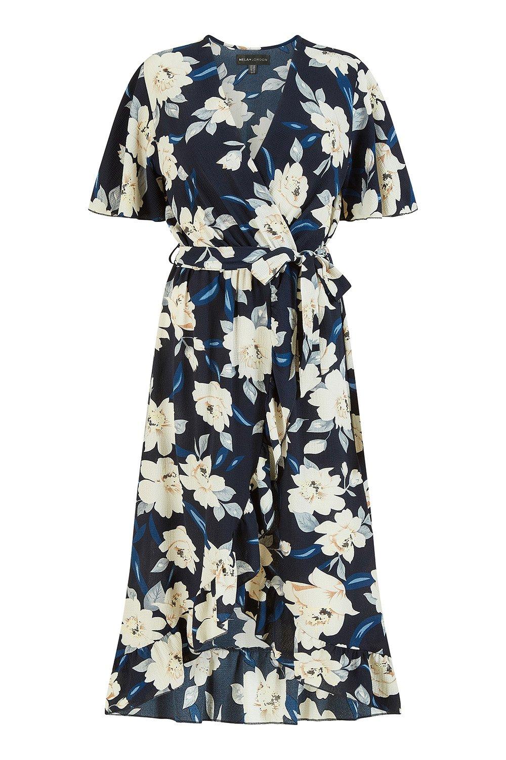 Mela navy floral wrap cheap dress