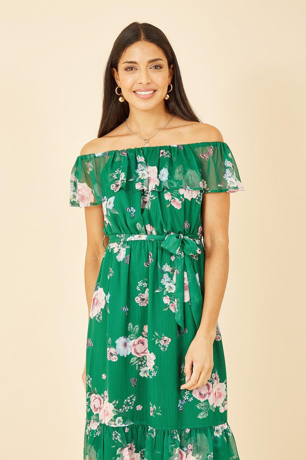 Green floral best sale bardot dress