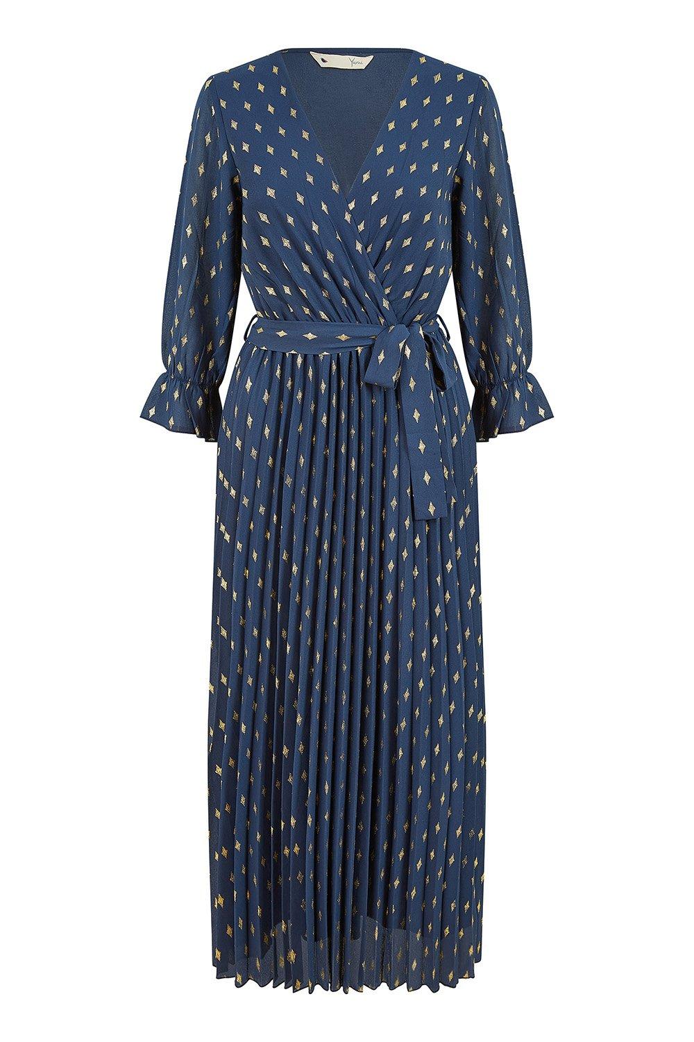 Dresses Navy Foil Printed Pleated Wrap Midi Dress Yumi