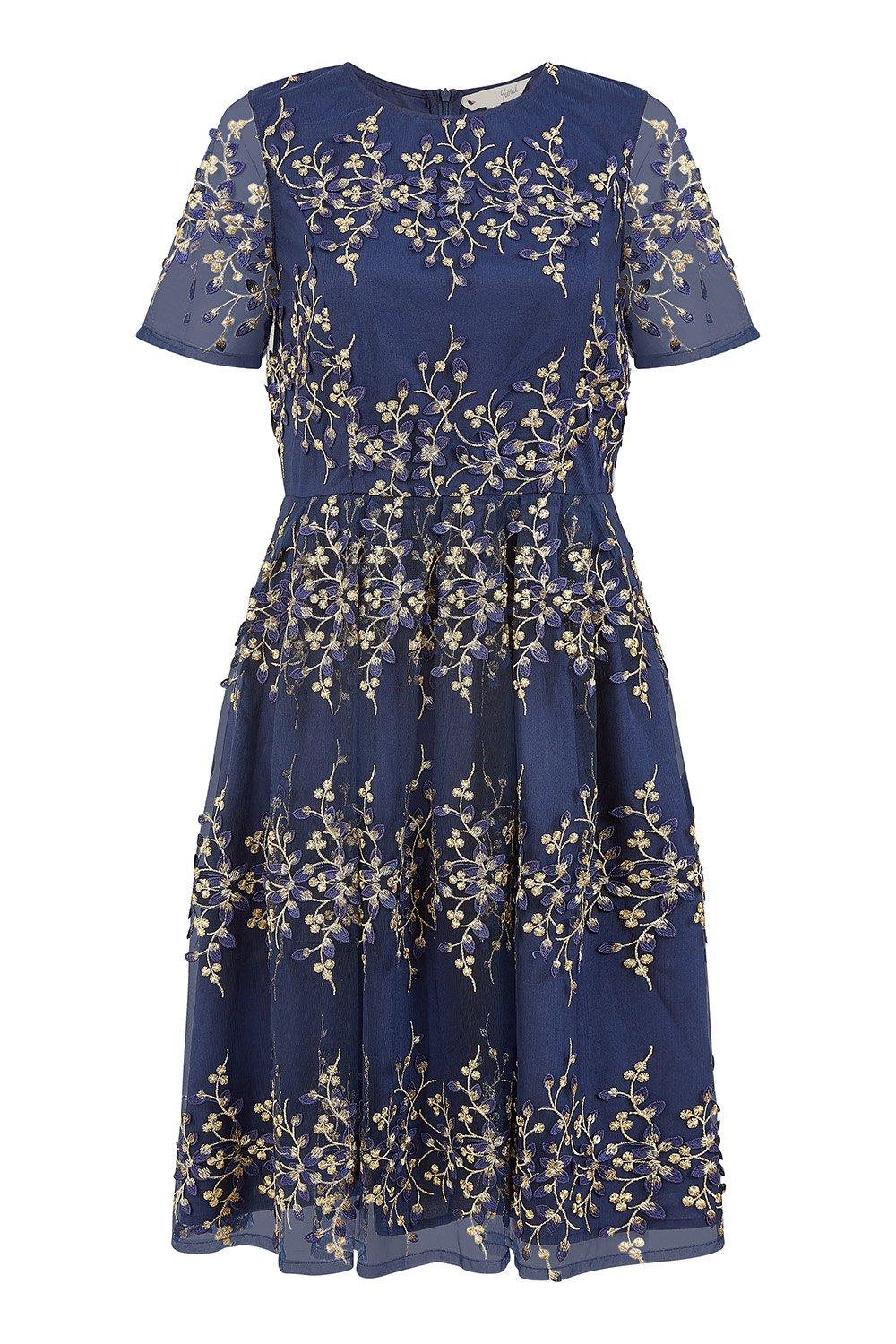 Navy Embroidered Floral Skater Dress