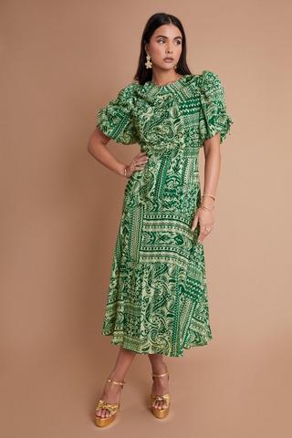 Geometric Print Tie Waist Midi Shirt Dress in Green - Roman Originals UK