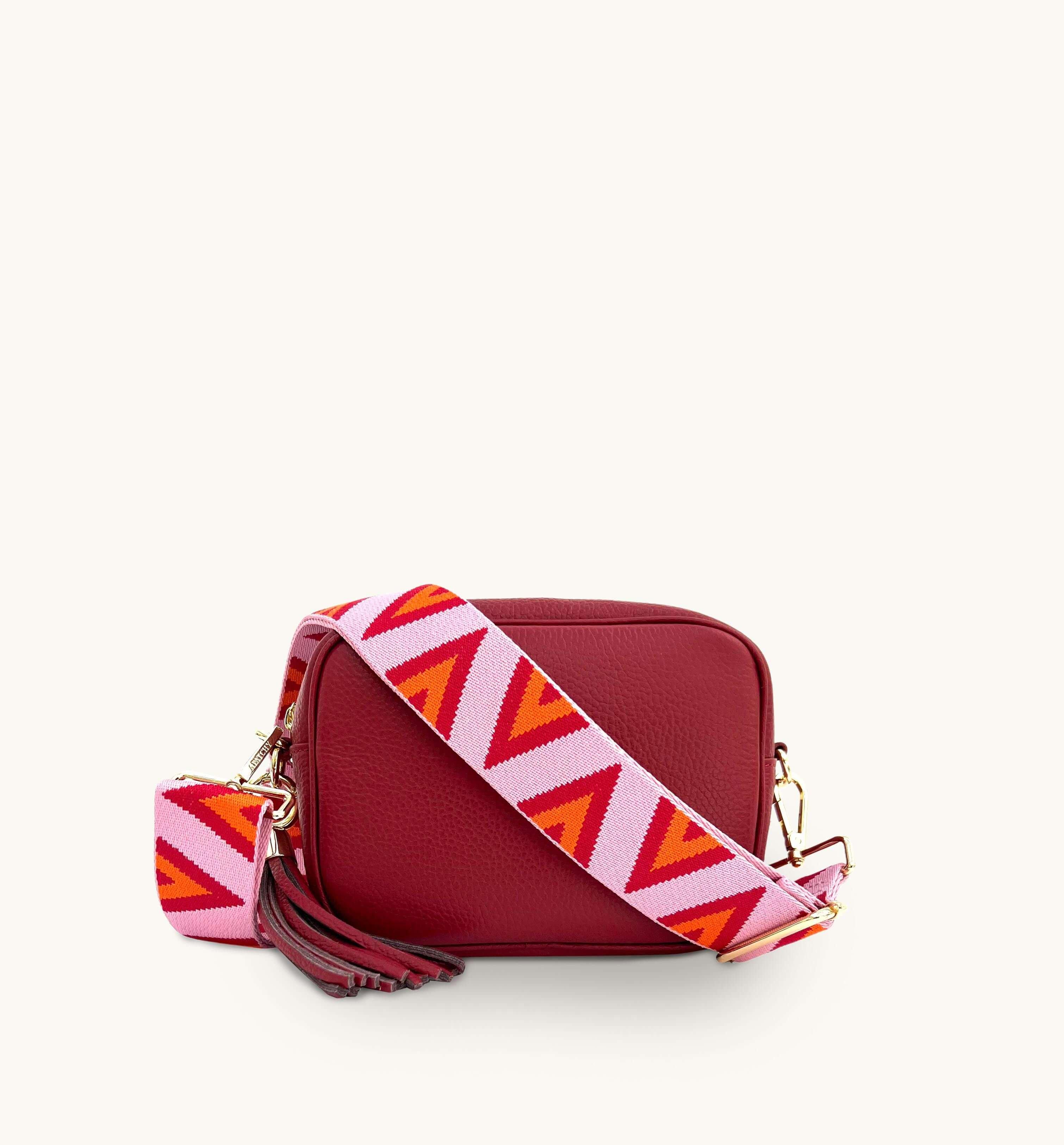 Cherry Red Leather Crossbody Bag With Pink & Orange Triangle Strap