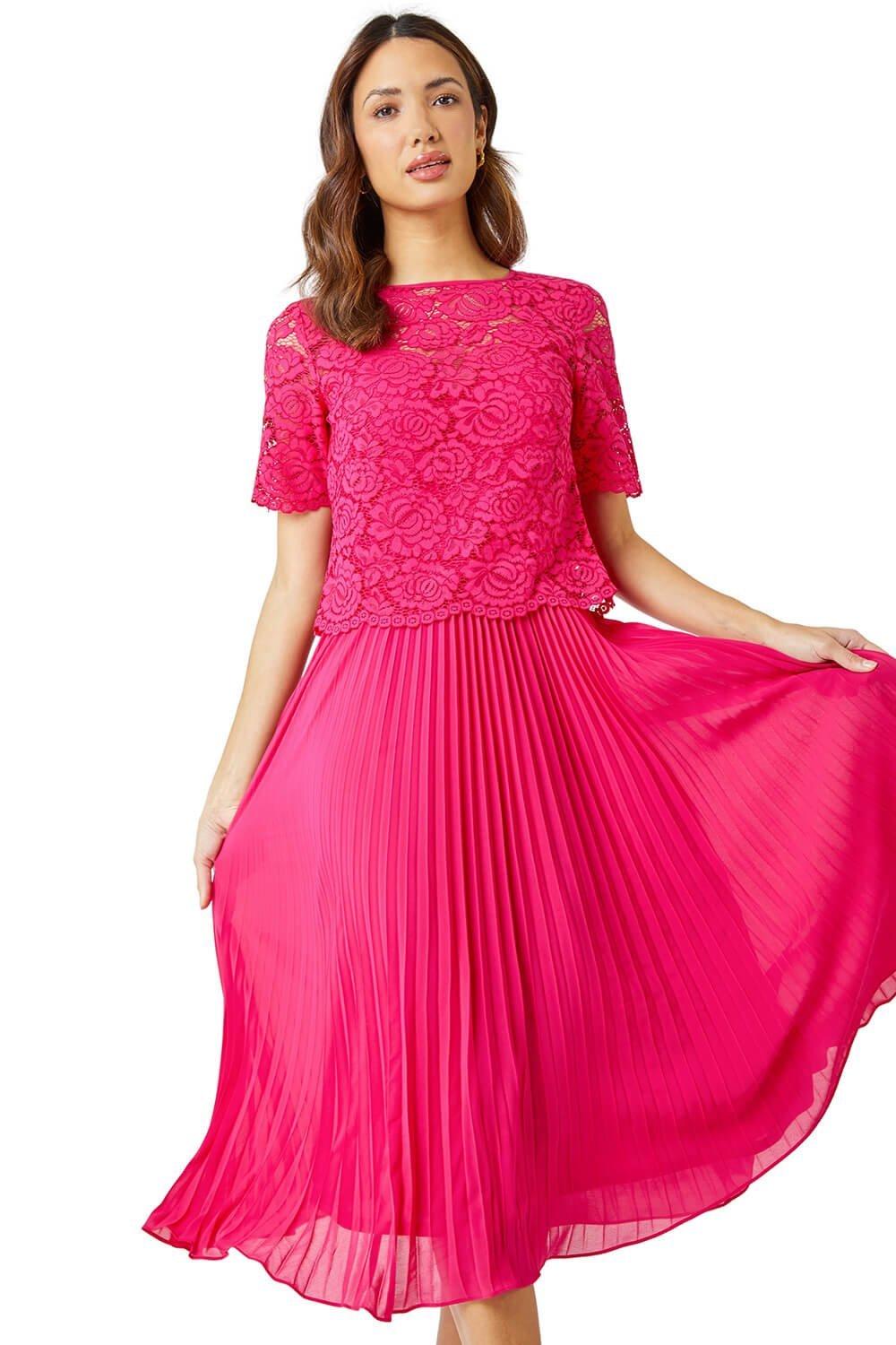 Lace top midi outlet dress with pleated skirt