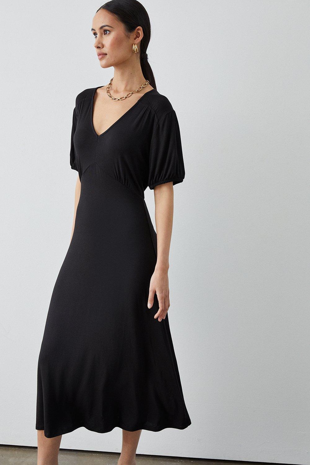 V-Neck Jersey Midi Dress Black, 43% OFF